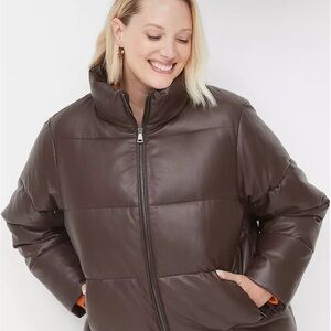 Lane Bryant Brown Faux Leather Puffer Jacket Stand up Collar Sz18/20 Cabincore